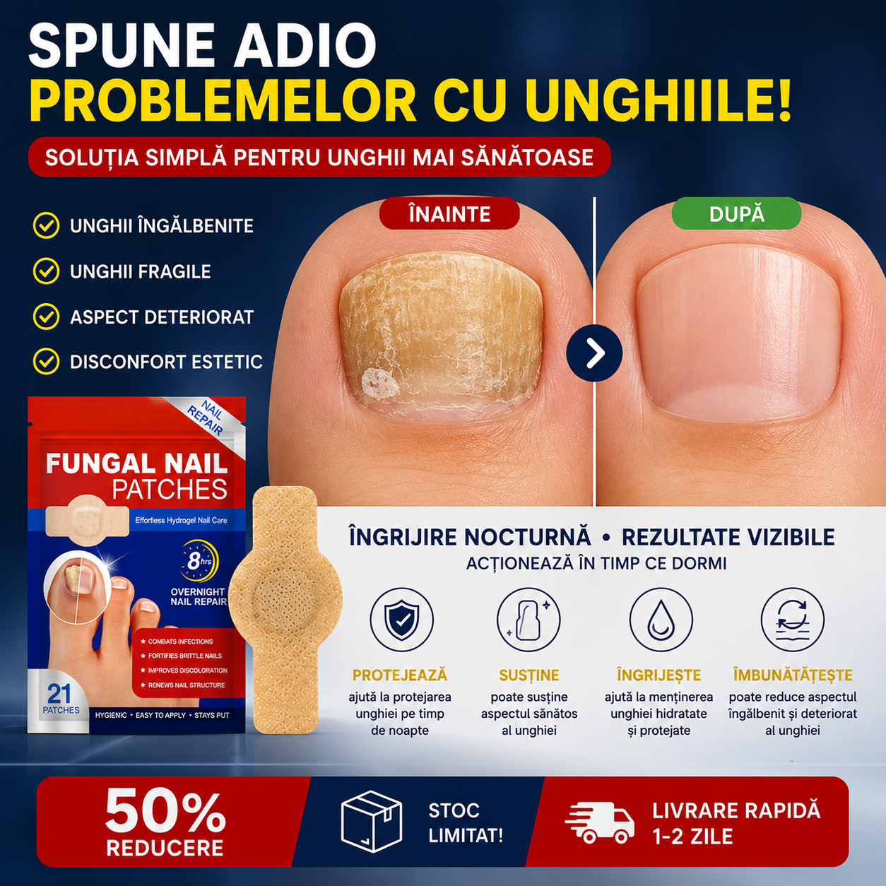 Set 21 Plasturi pentru Unghii Deteriorate si Ingalbenite - Ingrijire Nocturna si Protectie