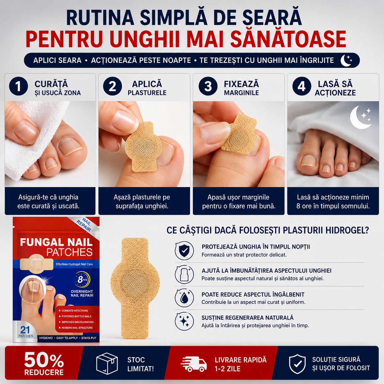 Set 21 Plasturi pentru Unghii Deteriorate si Ingalbenite - Ingrijire Nocturna si Protectie