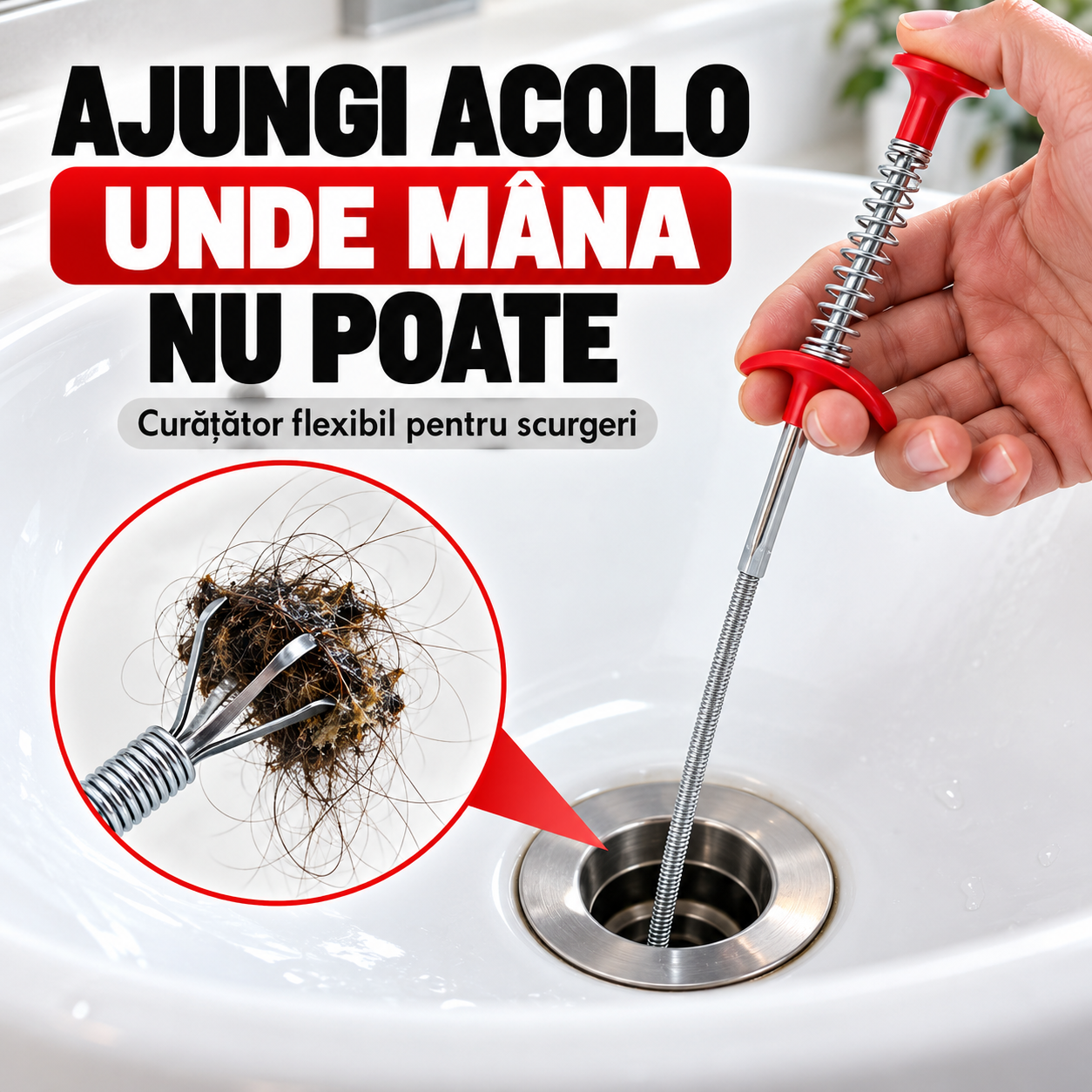 DrainFlex™ – Curățător flexibil pentru scurgeri, cu capăt de prindere