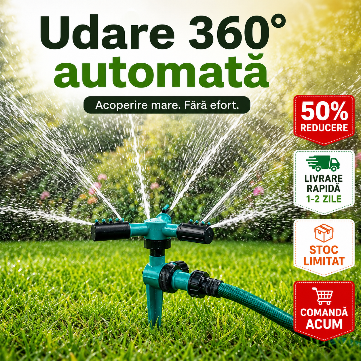 Aspersor de Irigație 360° cu 3 Brațe Rotative cu Fixare în Sol