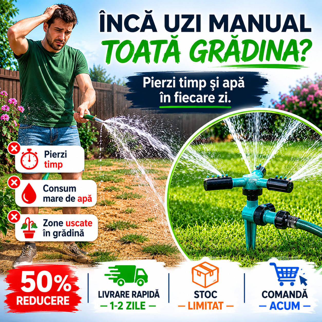 Aspersor de Irigație 360° cu 3 Brațe Rotative cu Fixare în Sol