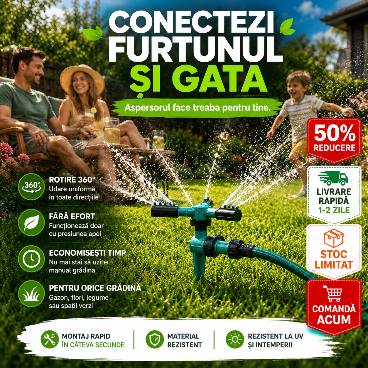 Aspersor de Irigație 360° cu 3 Brațe Rotative cu Fixare în Sol