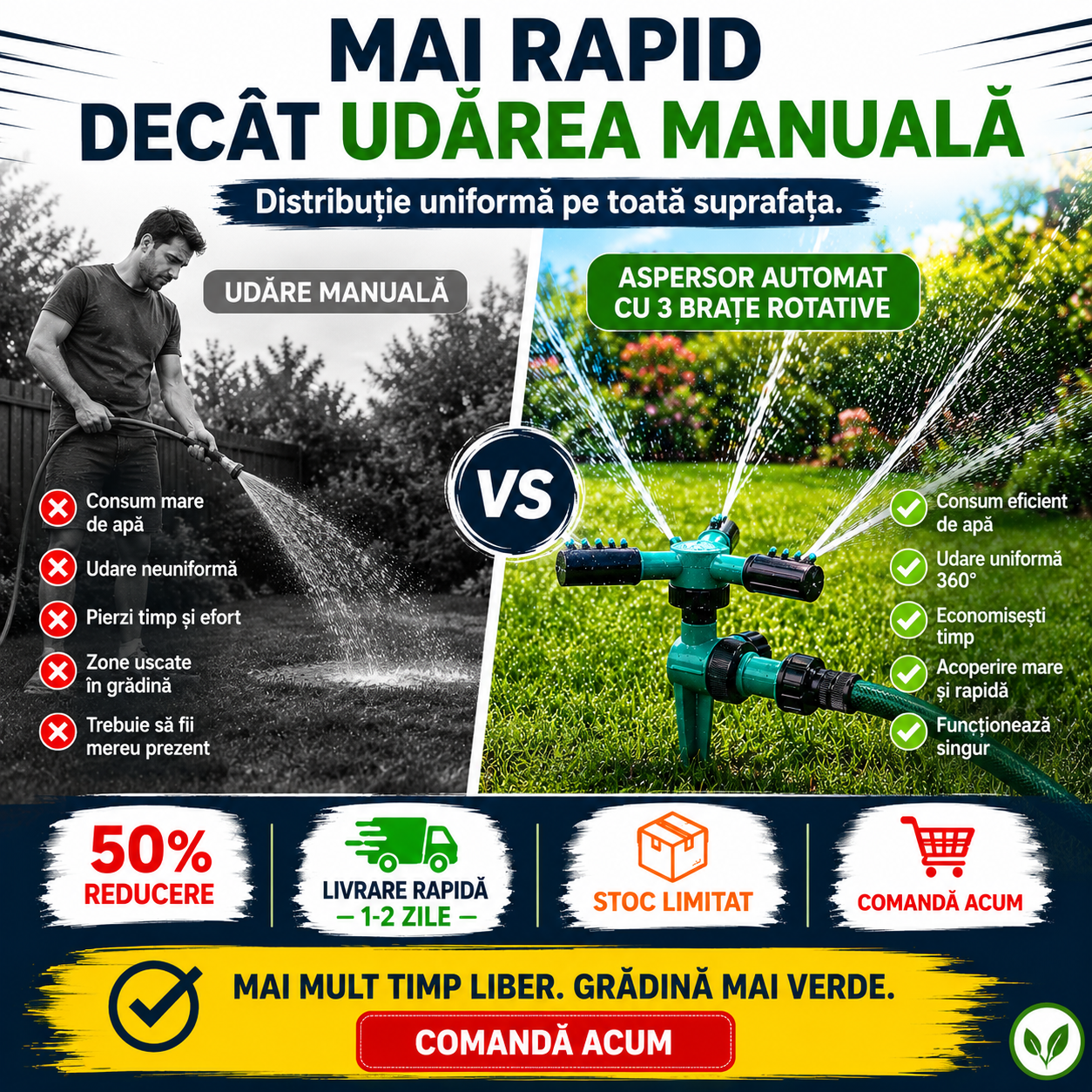 Aspersor de Irigație 360° cu 3 Brațe Rotative cu Fixare în Sol