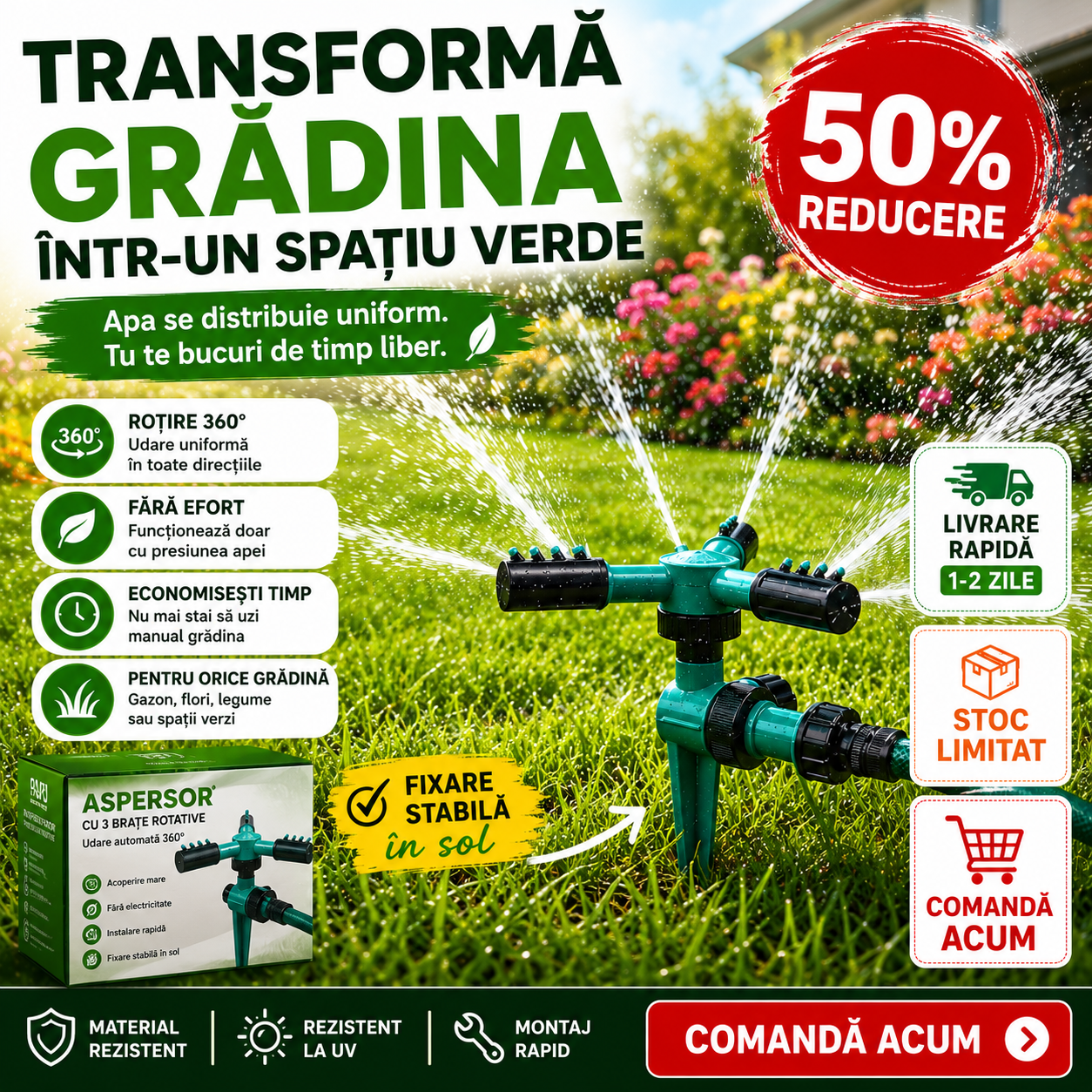 Aspersor de Irigație 360° cu 3 Brațe Rotative cu Fixare în Sol