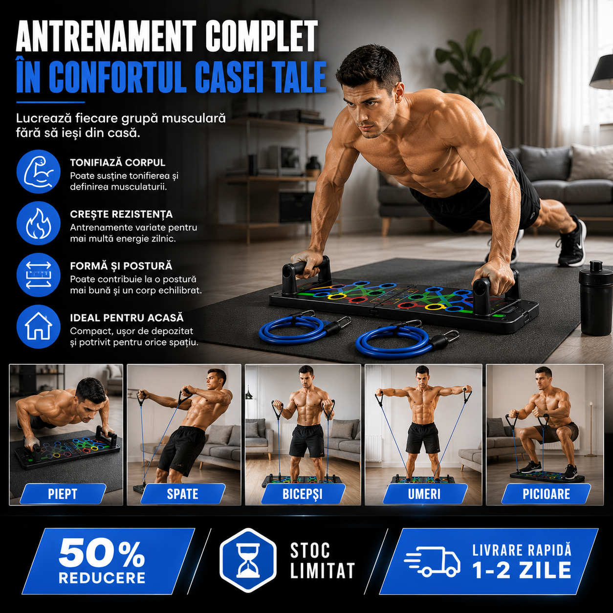 Kit Fitness Multifuncțional cu Placă și Benzi Elastice