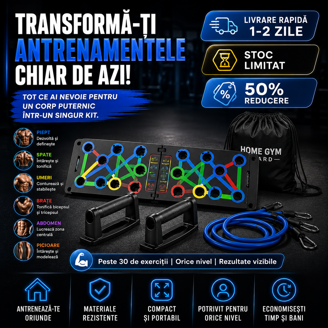 Kit Fitness Multifuncțional cu Placă și Benzi Elastice