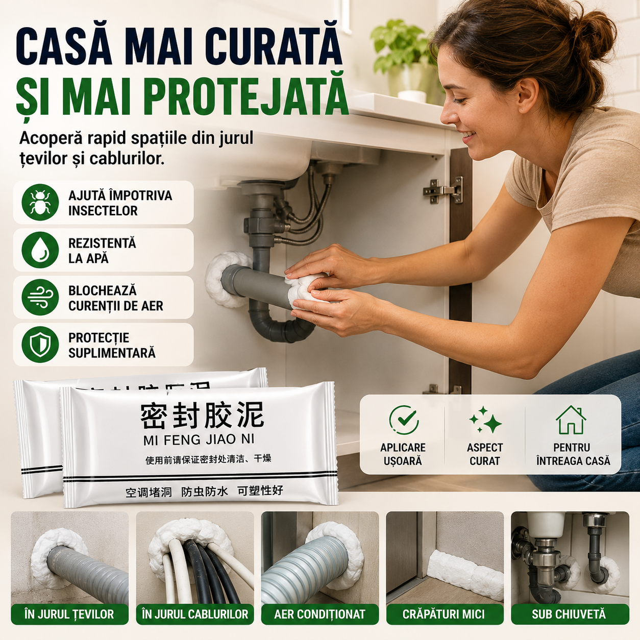 Chit de etanșare modelabilă pentru găuri, crăpături și spații din jurul țevilor și cablurilor