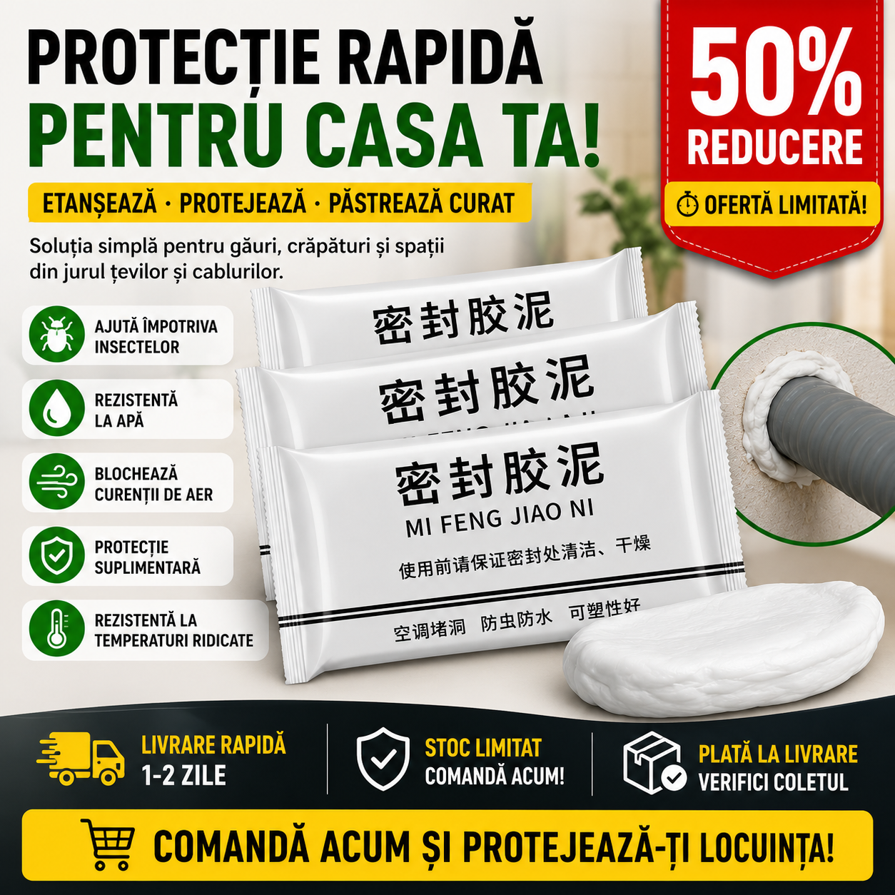 Chit de etanșare modelabilă pentru găuri, crăpături și spații din jurul țevilor și cablurilor