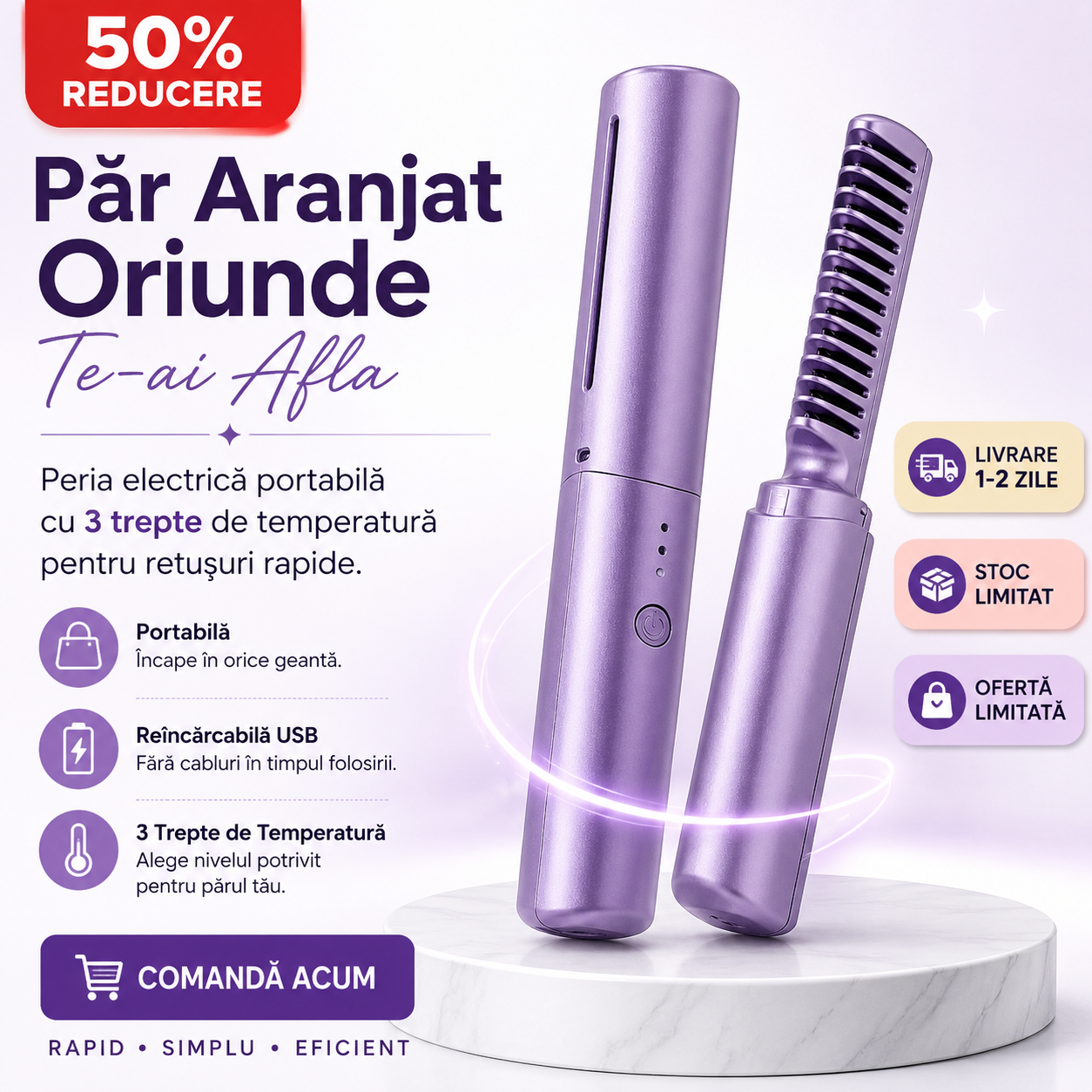 GlowBrush™ – Perie Electrică Portabilă | Păr Drept în 3 Minute, Oriunde