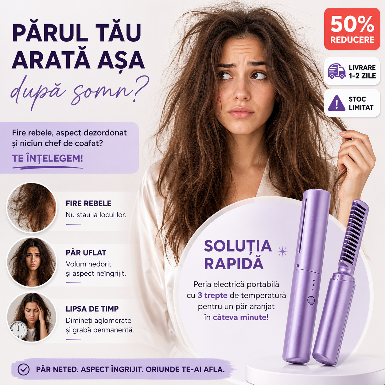 GlowBrush™ – Perie Electrică Portabilă | Păr Drept în 3 Minute, Oriunde