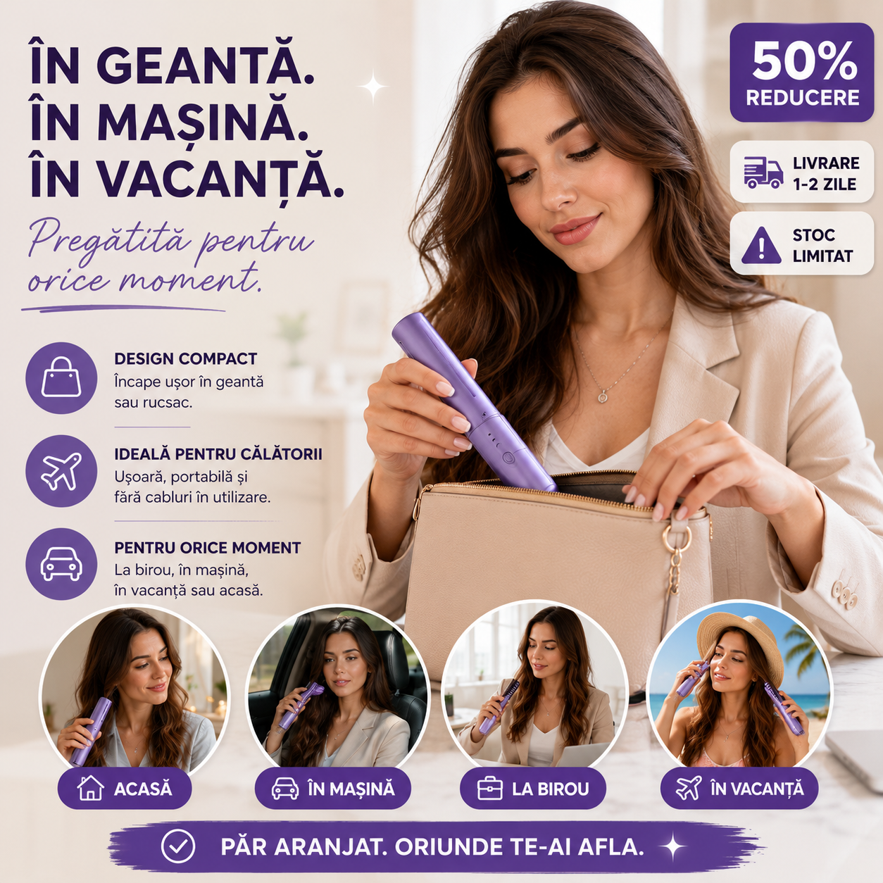 GlowBrush™ – Perie Electrică Portabilă | Păr Drept în 3 Minute, Oriunde