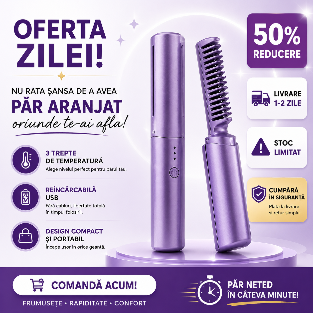 GlowBrush™ – Perie Electrică Portabilă | Păr Drept în 3 Minute, Oriunde