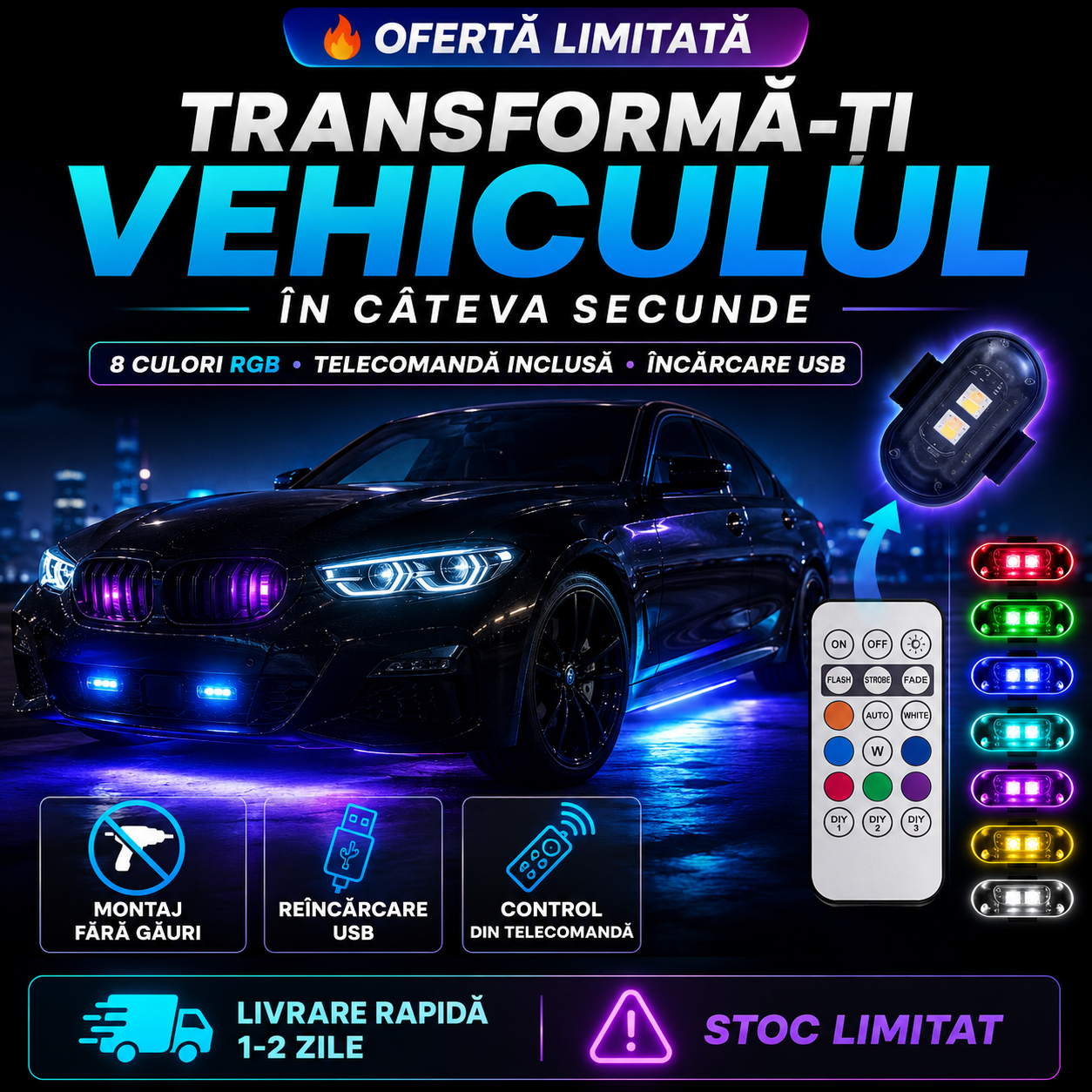 GlowDrive™ – Kit 4 LED RGB Cu Telecomandă și Încărcare USB