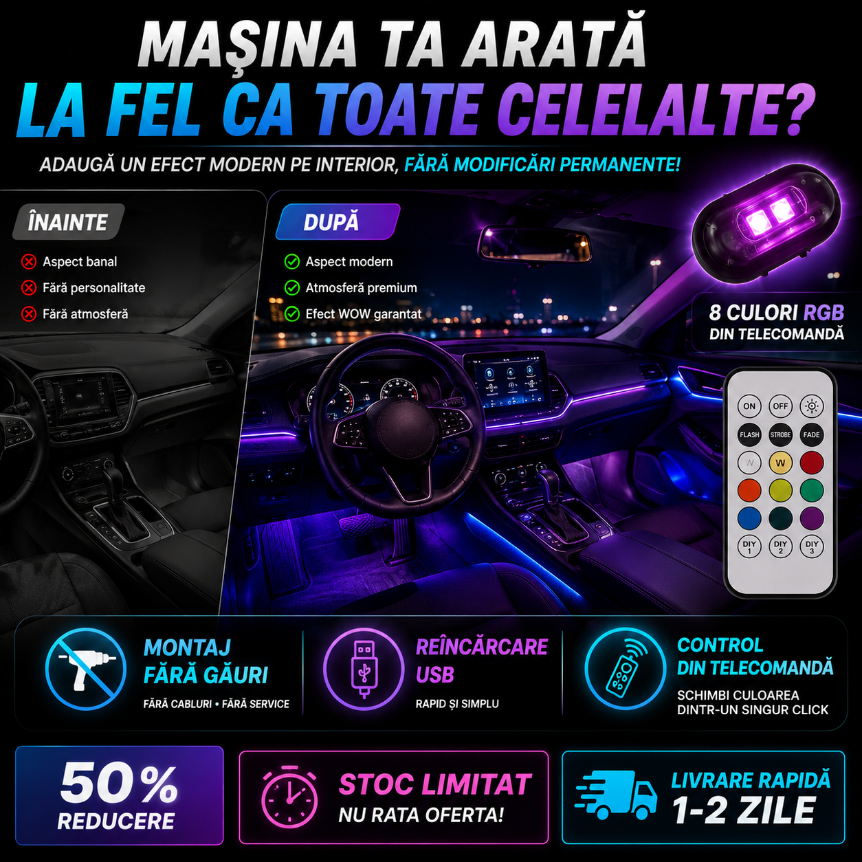 GlowDrive™ – Kit 4 LED RGB Cu Telecomandă și Încărcare USB