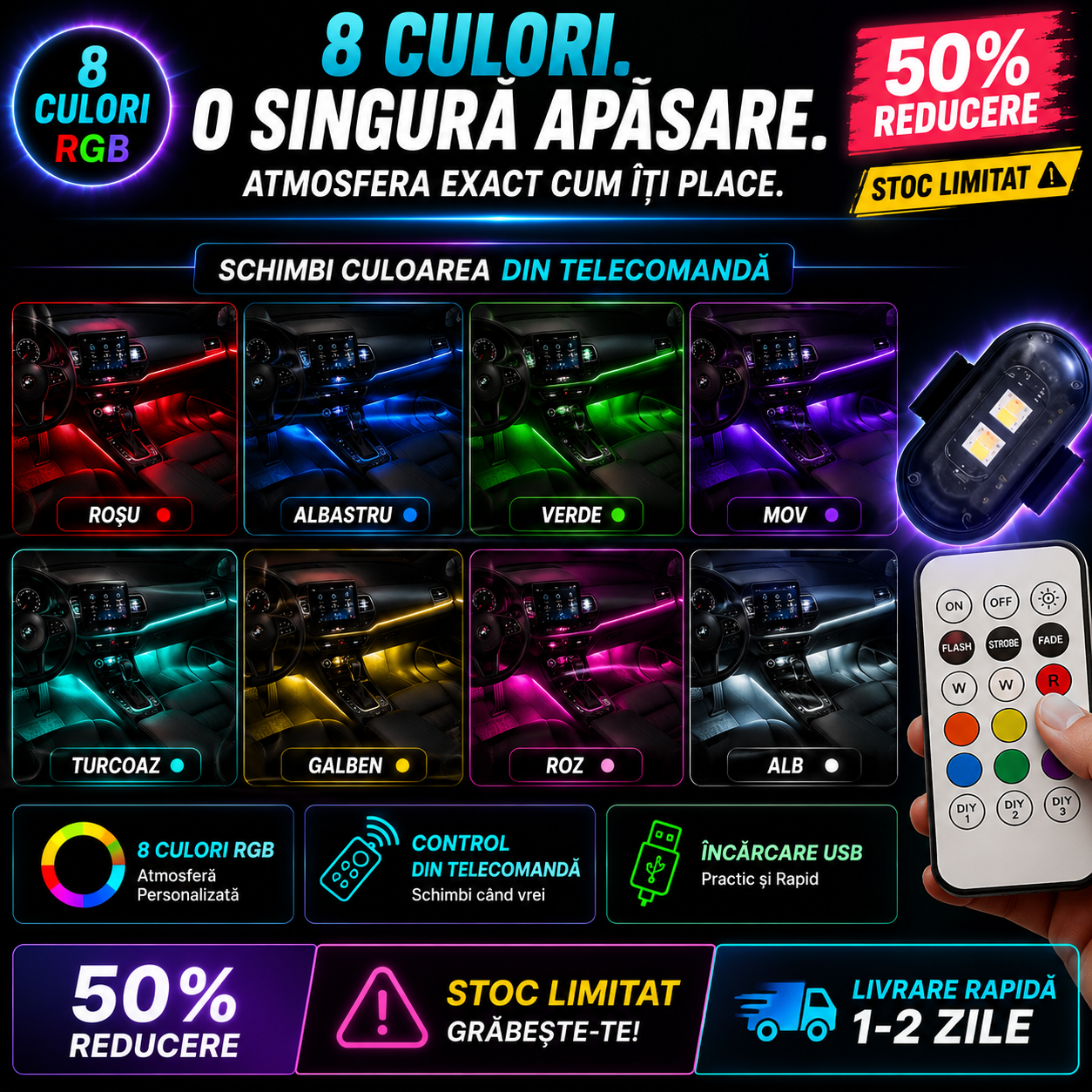 GlowDrive™ – Kit 4 LED RGB Cu Telecomandă și Încărcare USB