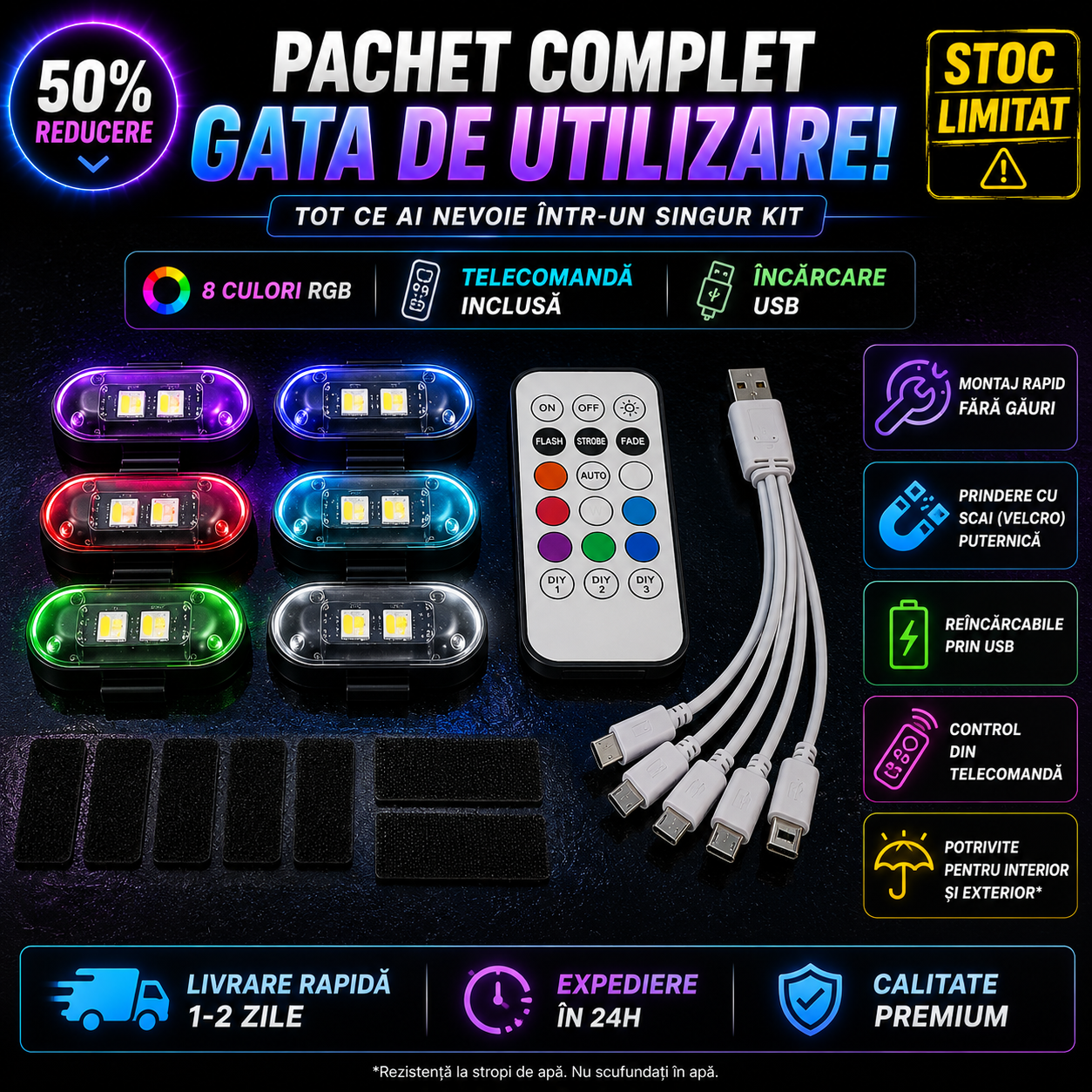 GlowDrive™ – Kit 4 LED RGB Cu Telecomandă și Încărcare USB