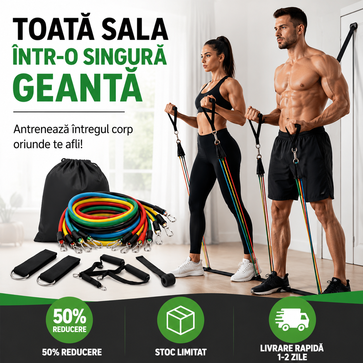 Kit Fitness Complet cu 11 Accesorii și Benzi de Rezistență pentru Antrenament Acasă