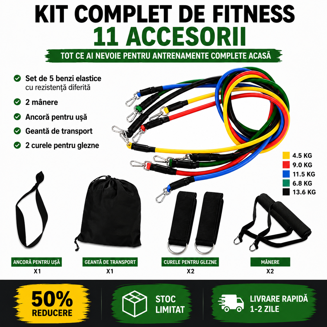 Kit Fitness Complet cu 11 Accesorii și Benzi de Rezistență pentru Antrenament Acasă