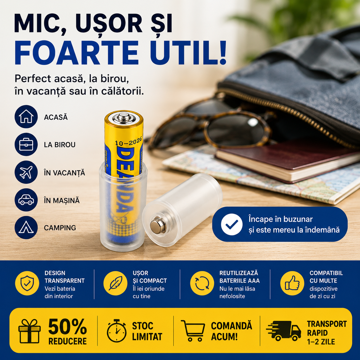 Convertor Portabil de Baterii Mici (AAA) la Mari (AA)