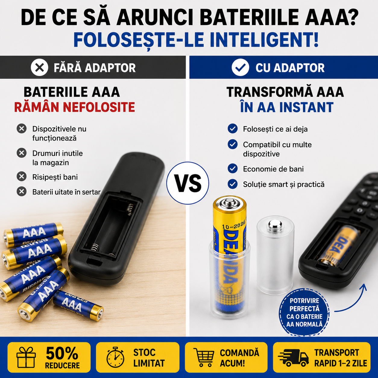 Convertor Portabil de Baterii Mici (AAA) la Mari (AA)