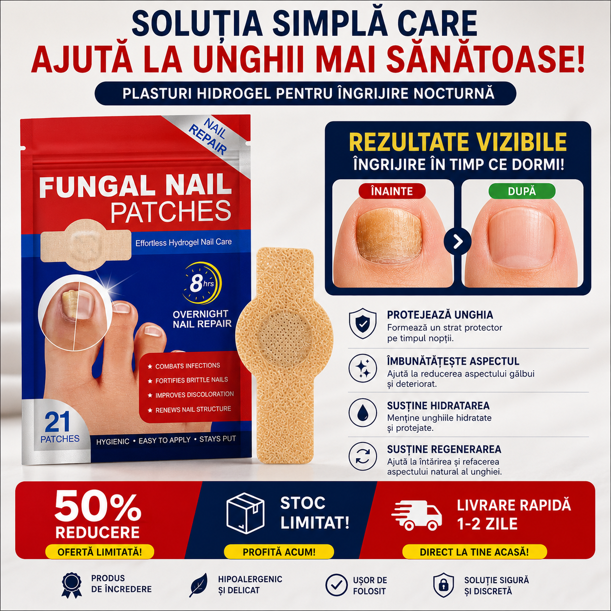 Set 21 Plasturi pentru Unghii Deteriorate si Ingalbenite - Ingrijire Nocturna si Protectie