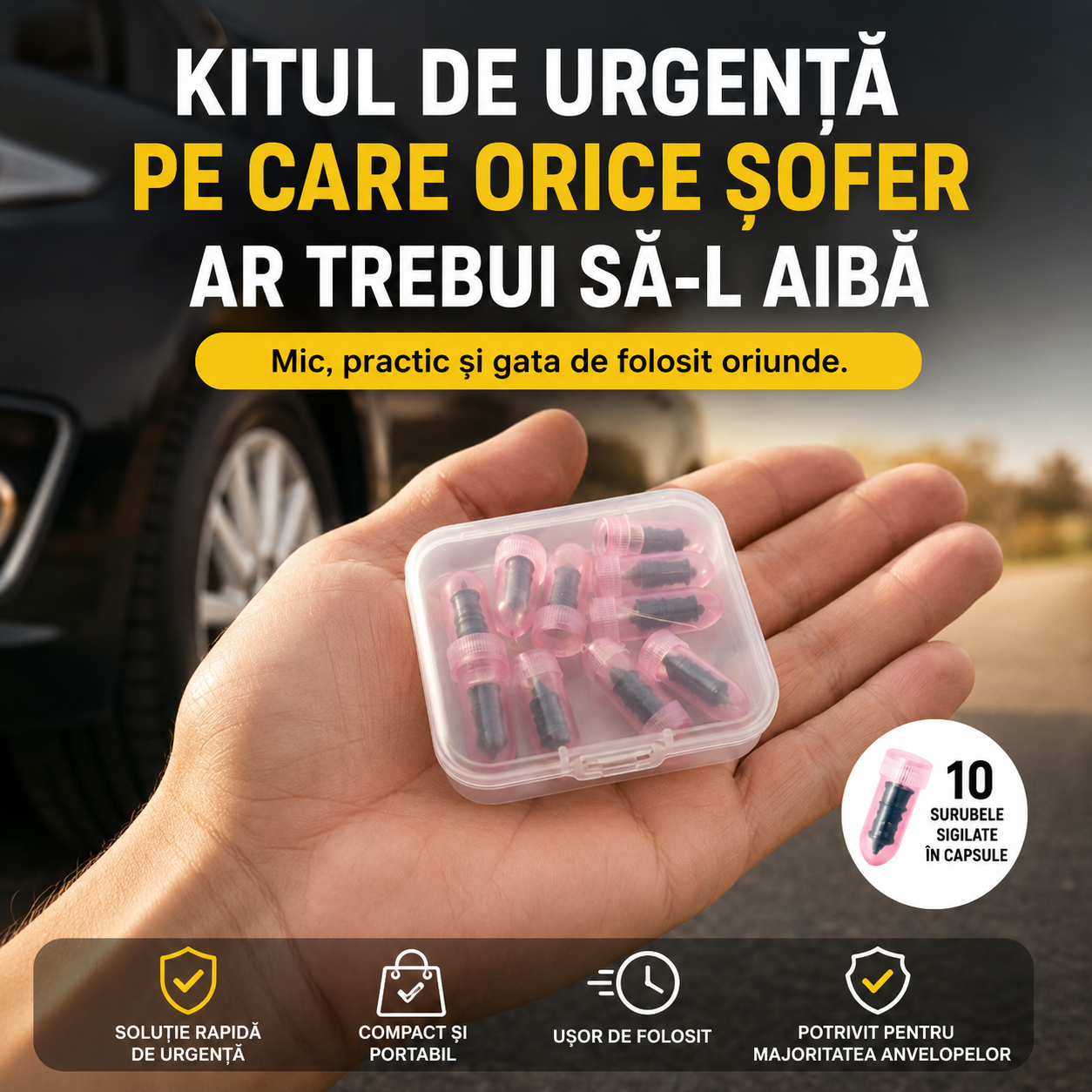 OFERTĂ 1+1 GRATIS – Kit de Urgență pentru Reparație Pană (2 Seturi)