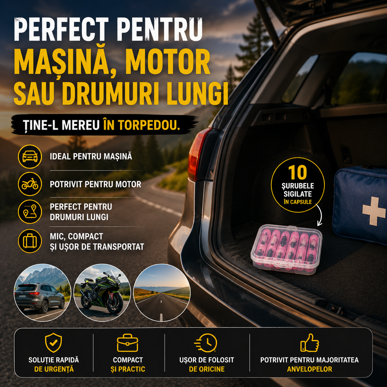 OFERTĂ 1+1 GRATIS – Kit de Urgență pentru Reparație Pană (2 Seturi)