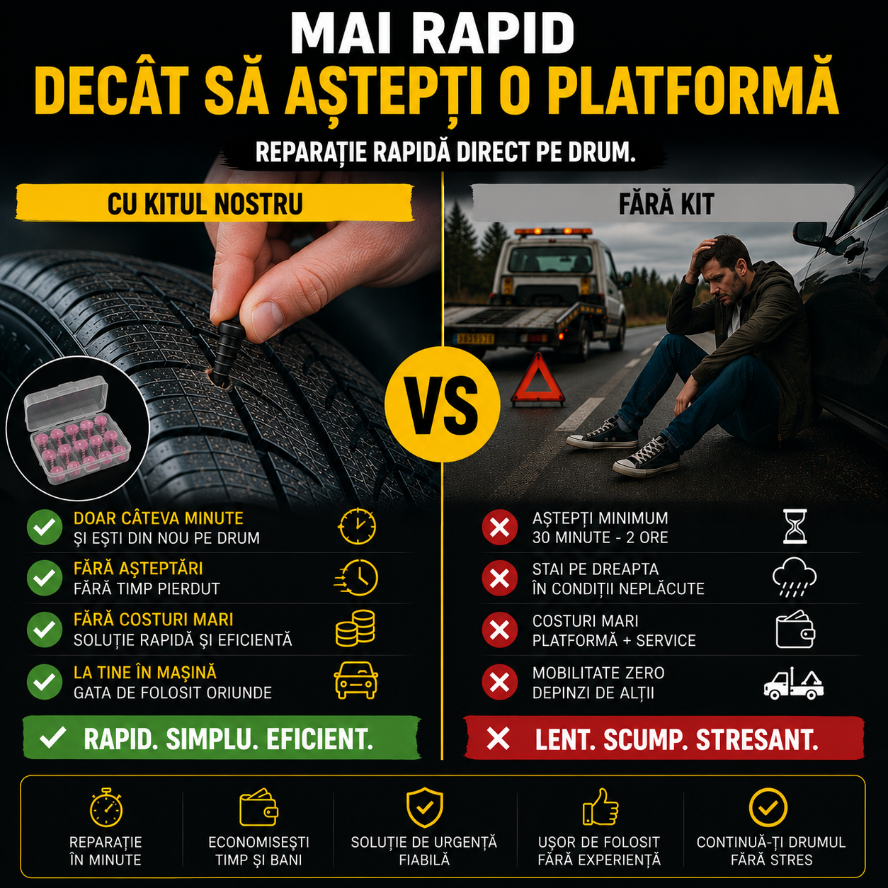 OFERTĂ 1+1 GRATIS – Kit de Urgență pentru Reparație Pană (2 Seturi)