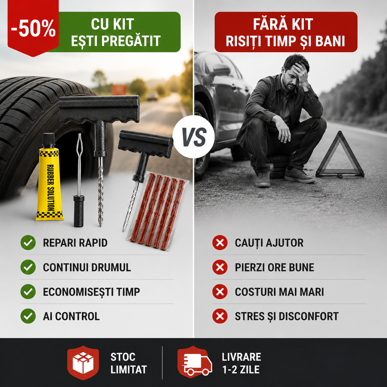 Kit complet de reparare pană – 5 Șnururi, 2 unelte și adeziv inclus