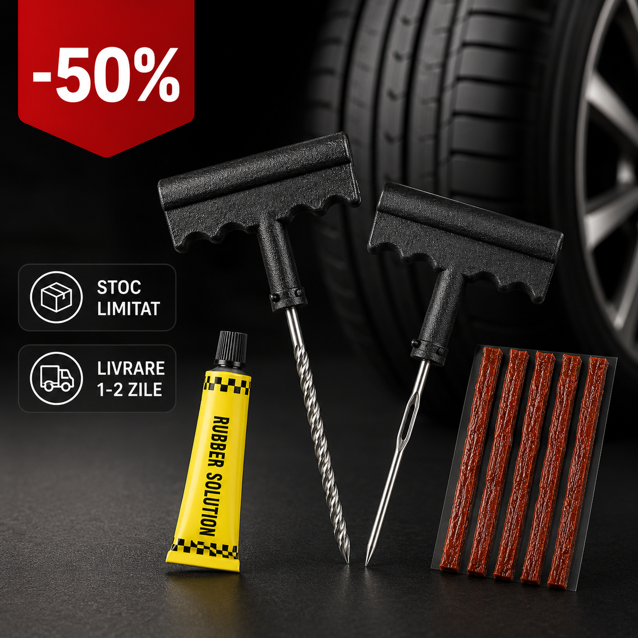 Kit complet de reparare pană – 5 Șnururi, 2 unelte și adeziv inclus