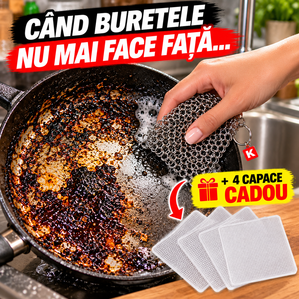 Laveta cu inele din oțel inoxidabil pentru murdăria dificilă 🎁 + 4 CAPACE ELASTICE CADOU