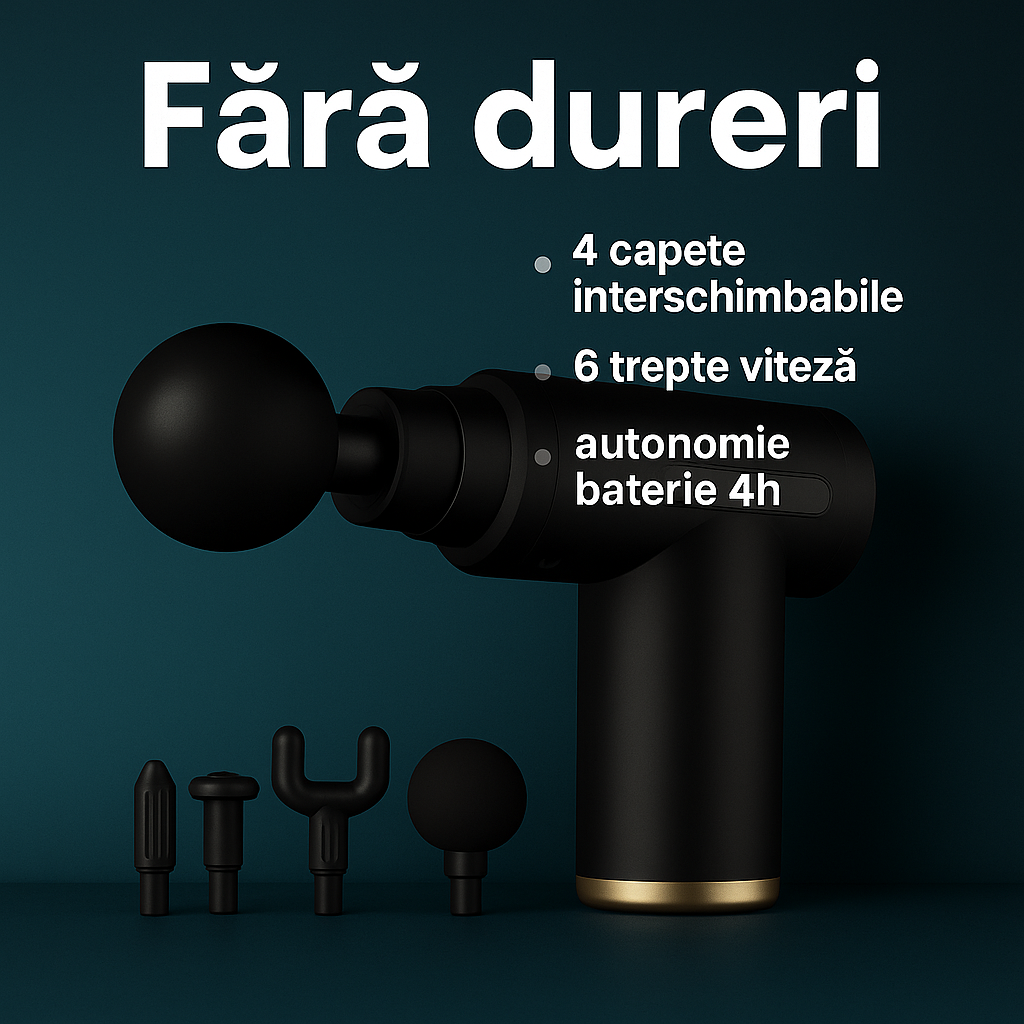 Pistol de Masaj Profesional cu 4 Capete si 6 Trepte de Viteza